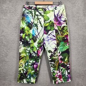 LEON Womens Size 40 US 10/12 Cropped Pants Floral Print Green Purple Multi Color